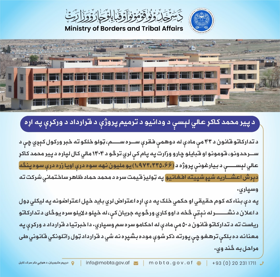 د پیر محمد کاکړ عالي لېسې د ودانیو د ترمیم پروژې د قرارداد د ورکړې په اړه: