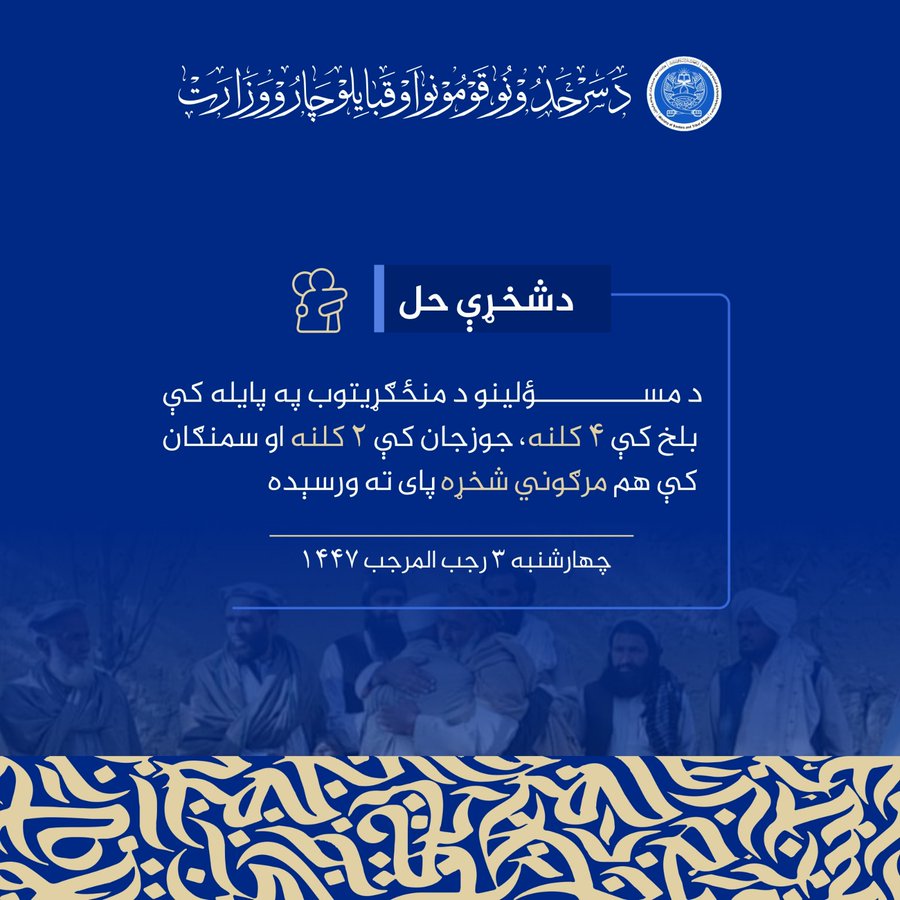 د مسؤلينو د منځګړيتوب په پايله کې بلخ کې ۴ کلنه، جوزجان کې ۲ کلنه او سمنګان کې هم مرګوني شخړه پای ته ورسېده چهارشنبه ۳ رجب المرجب ۱۴۴۷ د بلخ ولايت د سرحدونو، قومونو او قبايلو چارو